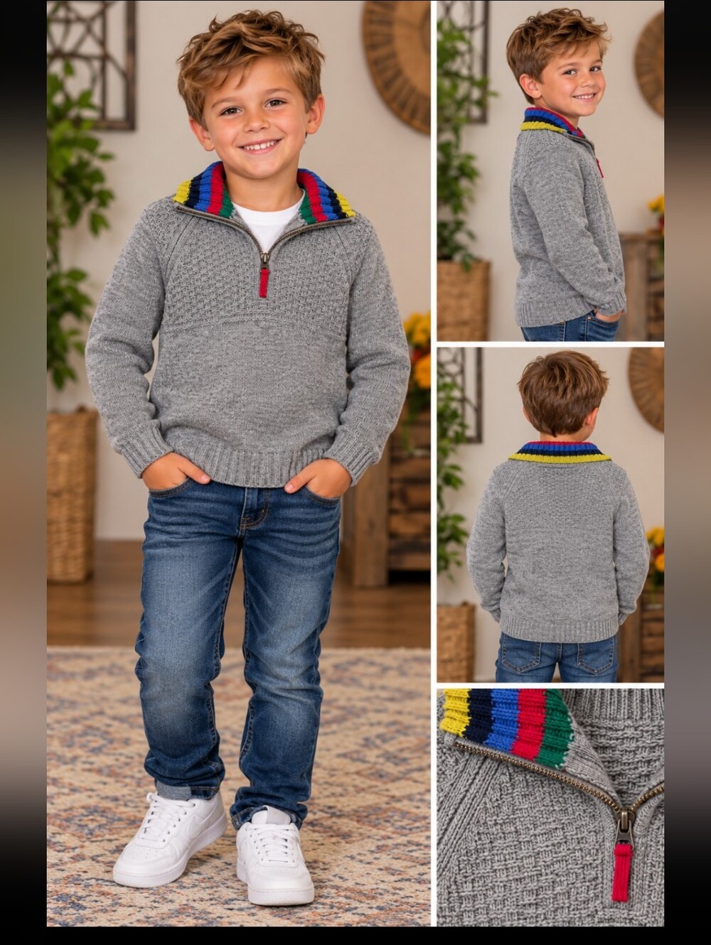Gray Knit Half-Zip Sweater with Multicolor Collar